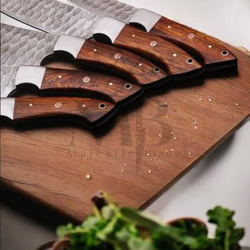 Hand Forged Damascus Steel, Chef Knife Set 5 pcs with leather bag - handle made of ash wood - best sale price in USA at majesticblades.com